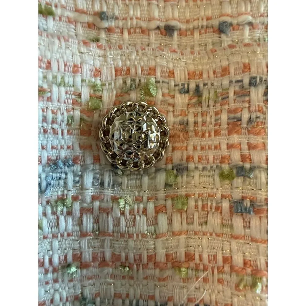 Karl Lagerfeld Cream and Pink Tweed Zip Jacket pockets rounded neckline size 8